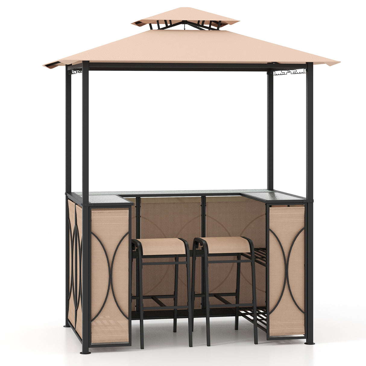 3-Piece Patio Bar Set Grill Gazebo & 2 Bar Stools with Tempered Glass Bar Table