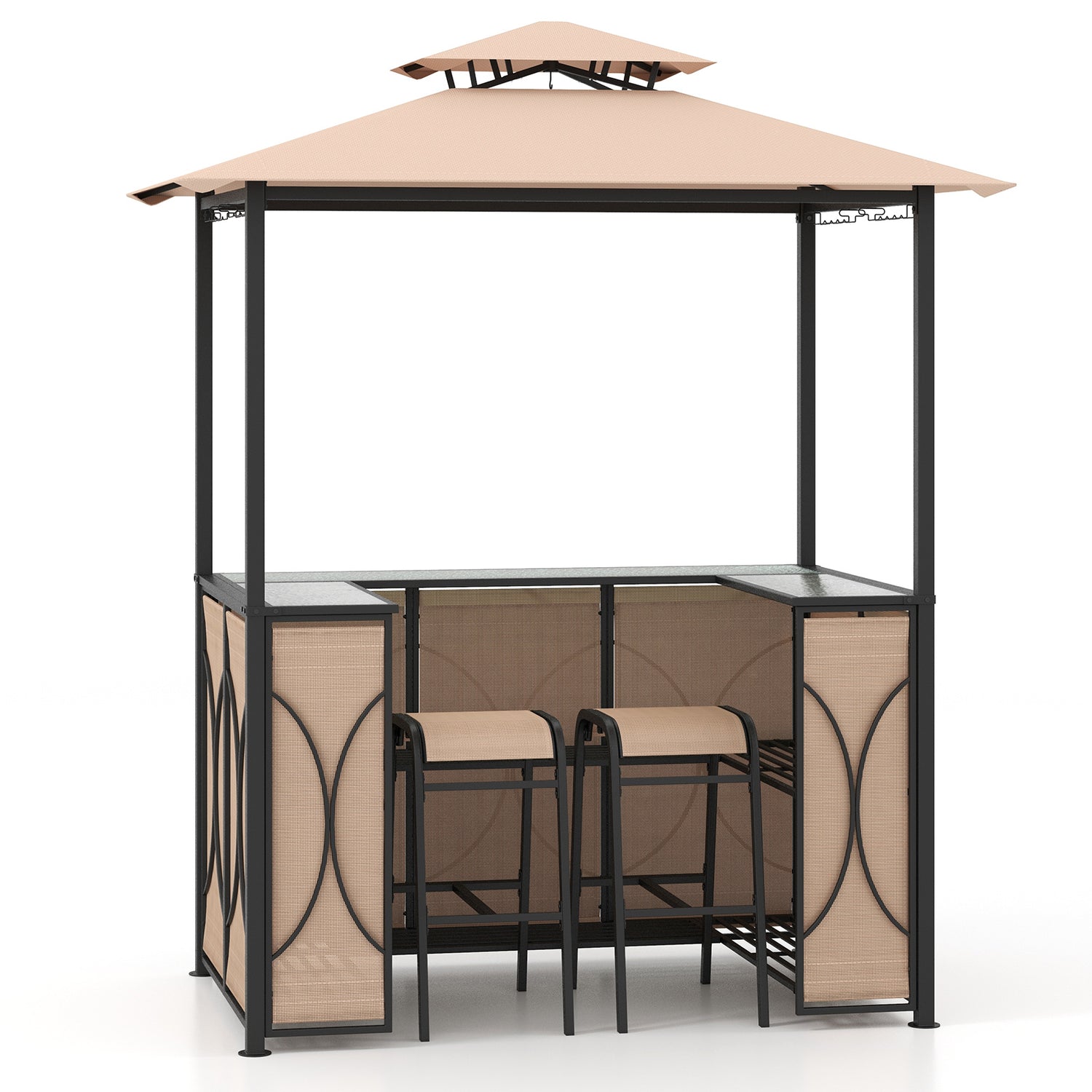 3-Piece Patio Bar Set Grill Gazebo & 2 Bar Stools with Tempered Glass Bar Table