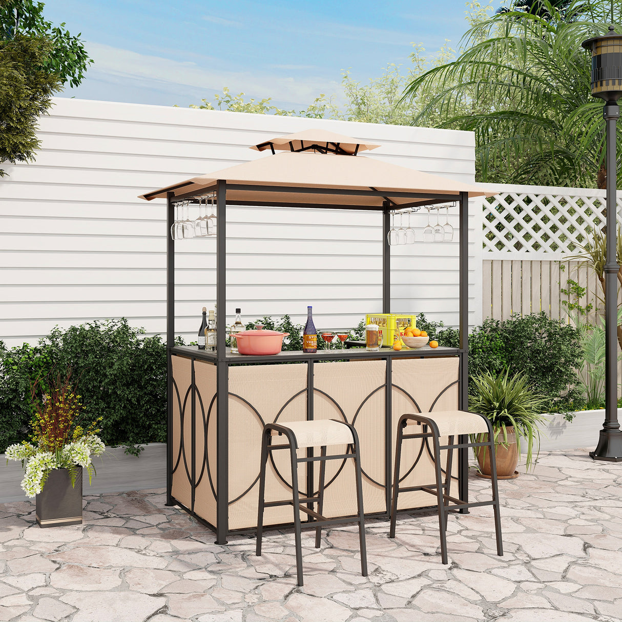 3-Piece Patio Bar Set Grill Gazebo & 2 Bar Stools with Tempered Glass Bar Table