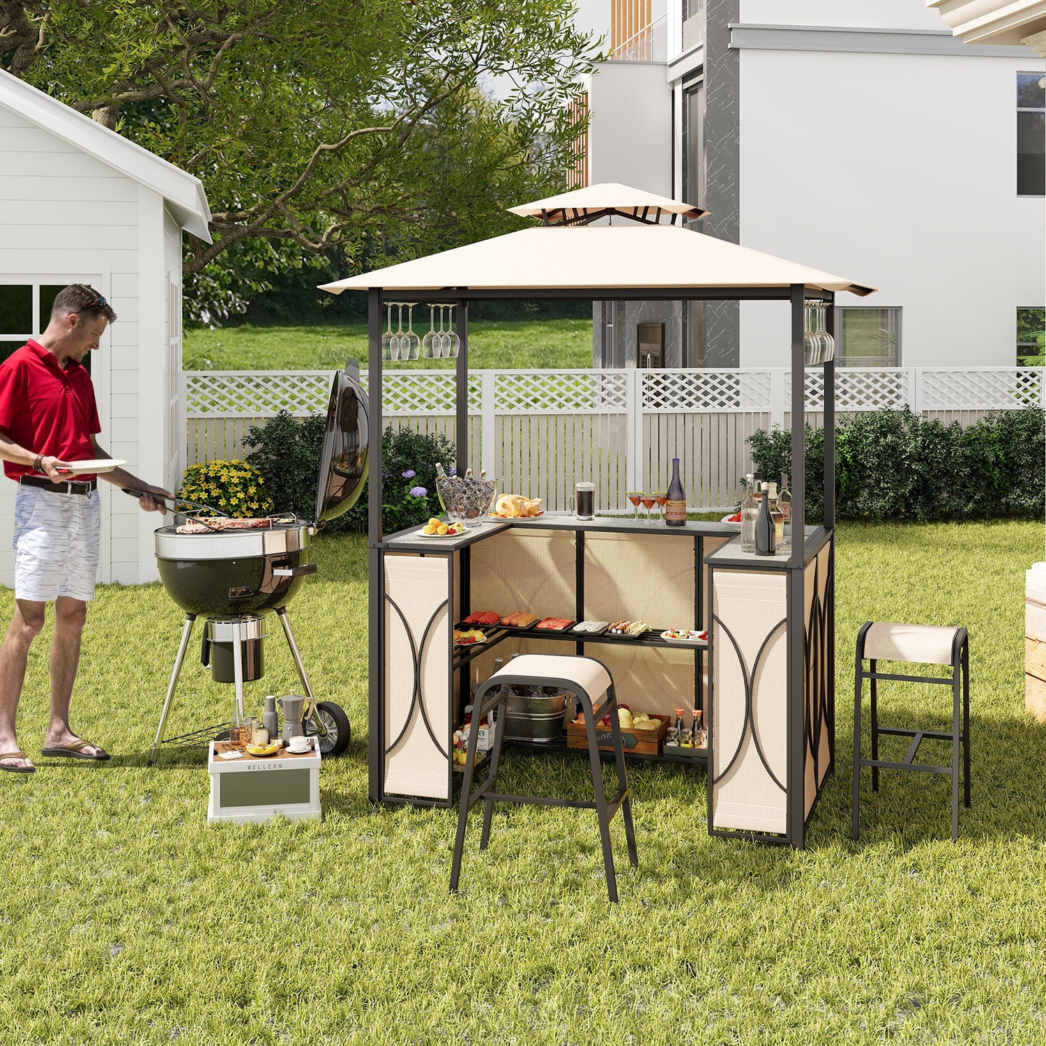 3-Piece Patio Bar Set Grill Gazebo & 2 Bar Stools with Tempered Glass Bar Table