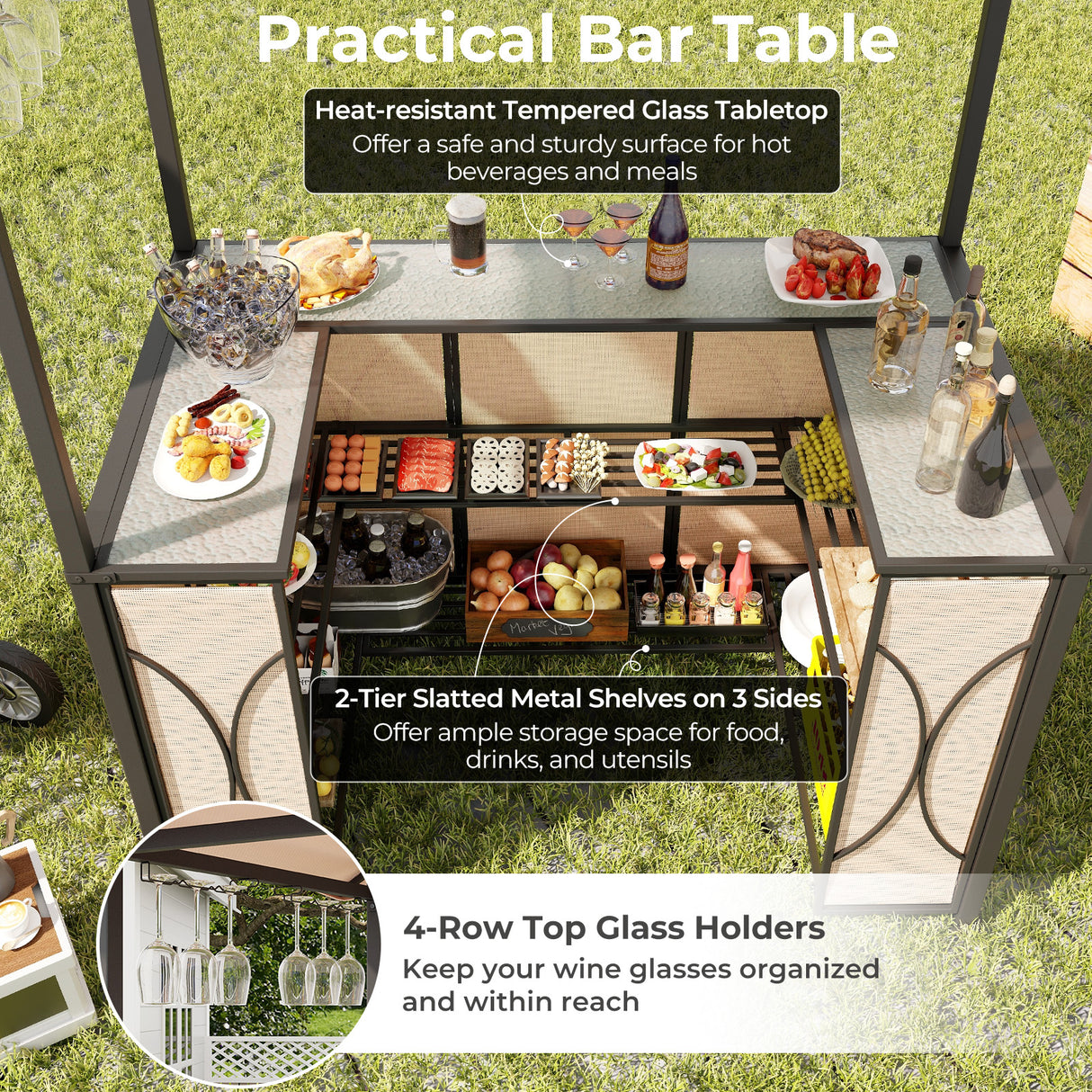 3-Piece Patio Bar Set Grill Gazebo & 2 Bar Stools with Tempered Glass Bar Table