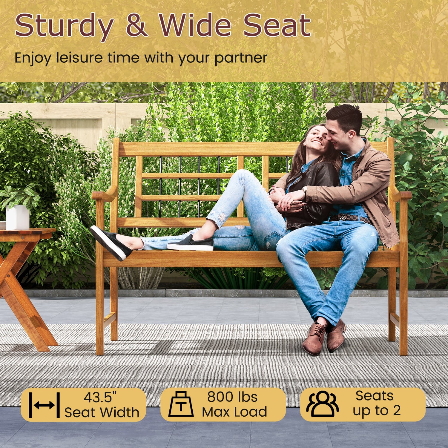 Patio Acacia Wood Bench with Curved Armrests Slatted Seat and Backrest
