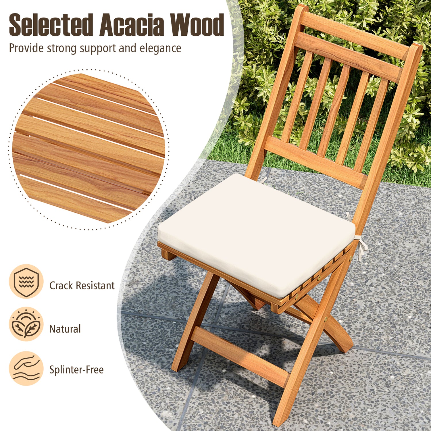 Patio Folding Chairs Set of 2 with Soft Seat Cushion
