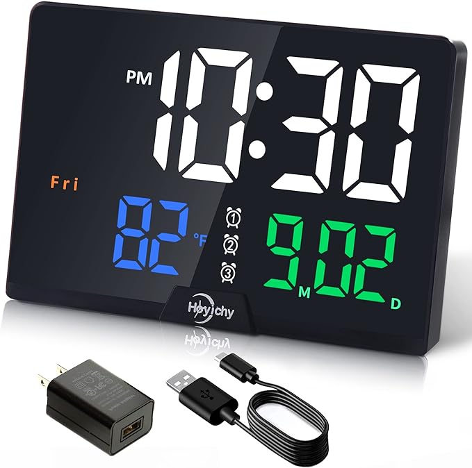 Digital Alarm Clock- Large Number LED Display โ Calendar โ Date โ Temperature โ Colored Digits