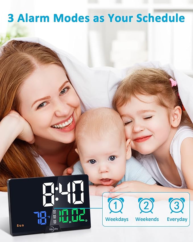 Digital Alarm Clock- Large Number LED Display โ Calendar โ Date โ Temperature โ Colored Digits