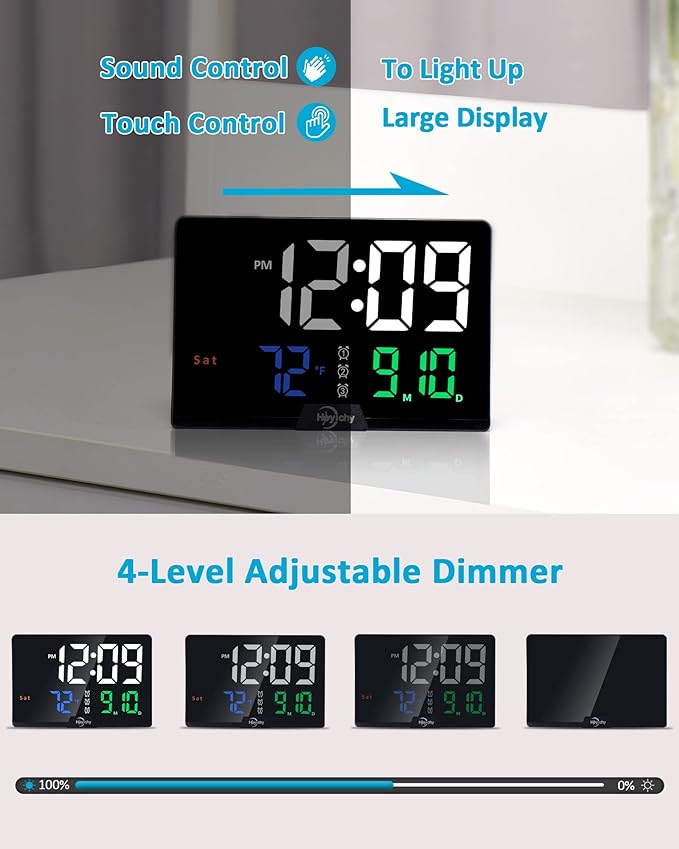 Digital Alarm Clock- Large Number LED Display โ Calendar โ Date โ Temperature โ Colored Digits