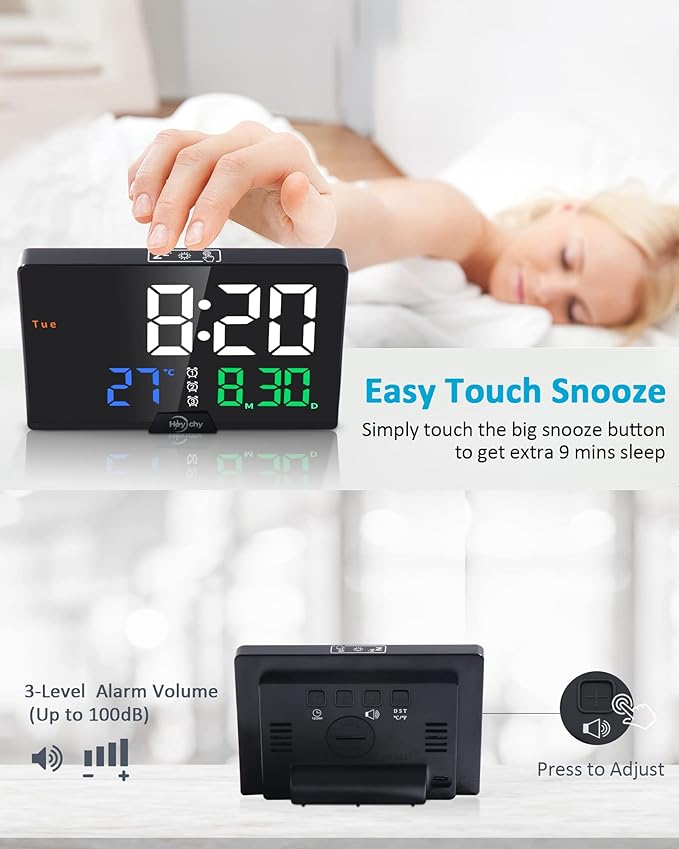 Digital Alarm Clock- Large Number LED Display โ Calendar โ Date โ Temperature โ Colored Digits