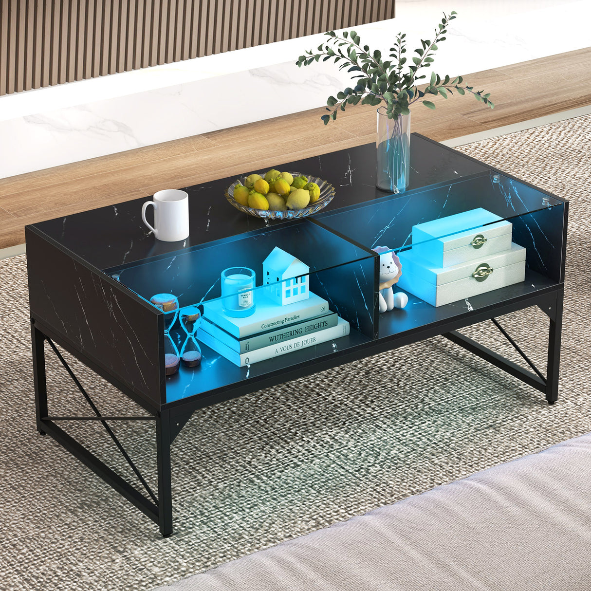 Center Table with Faux Marble and Tempered Glass Top