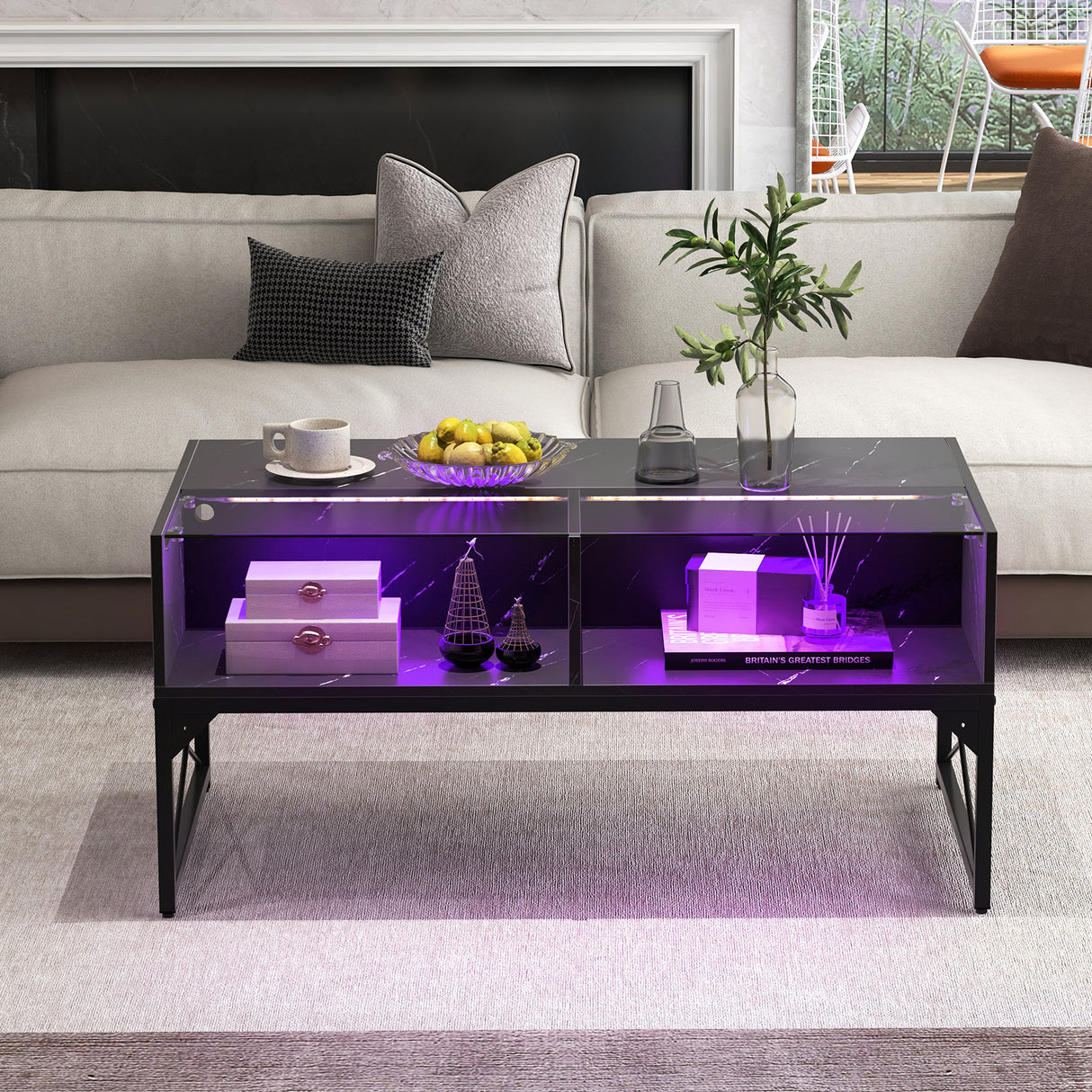 Center Table with Faux Marble and Tempered Glass Top