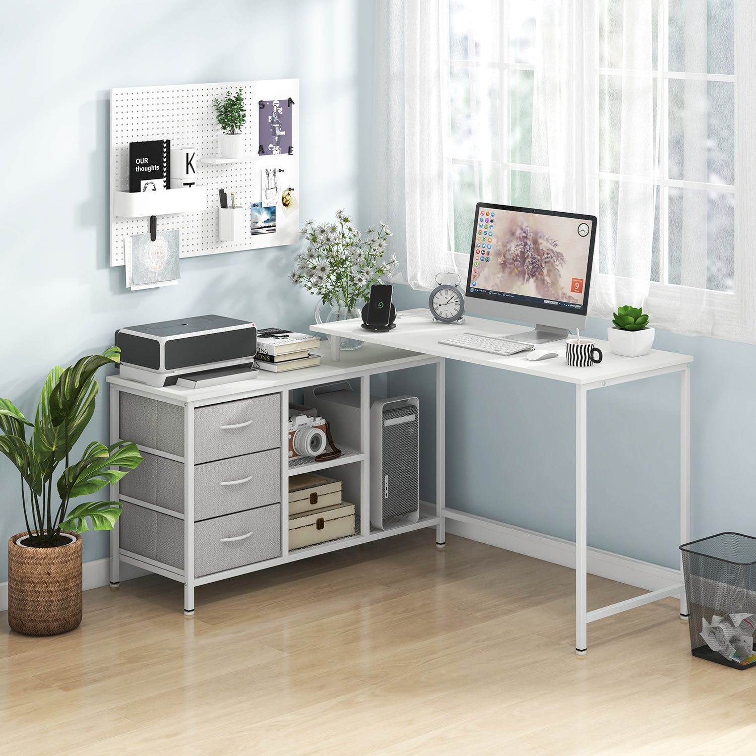 L-shaped Computer Desk with Power Outlet for Working Studying Gaming