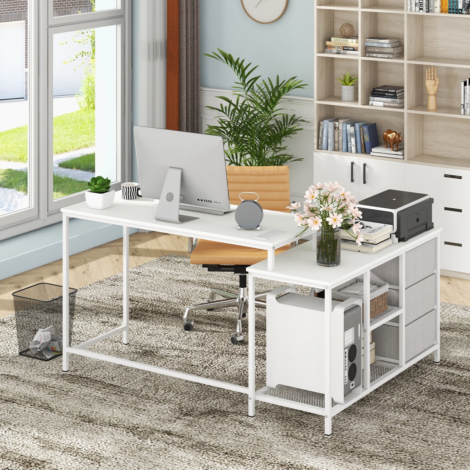 L-shaped Computer Desk with Power Outlet for Working Studying Gaming