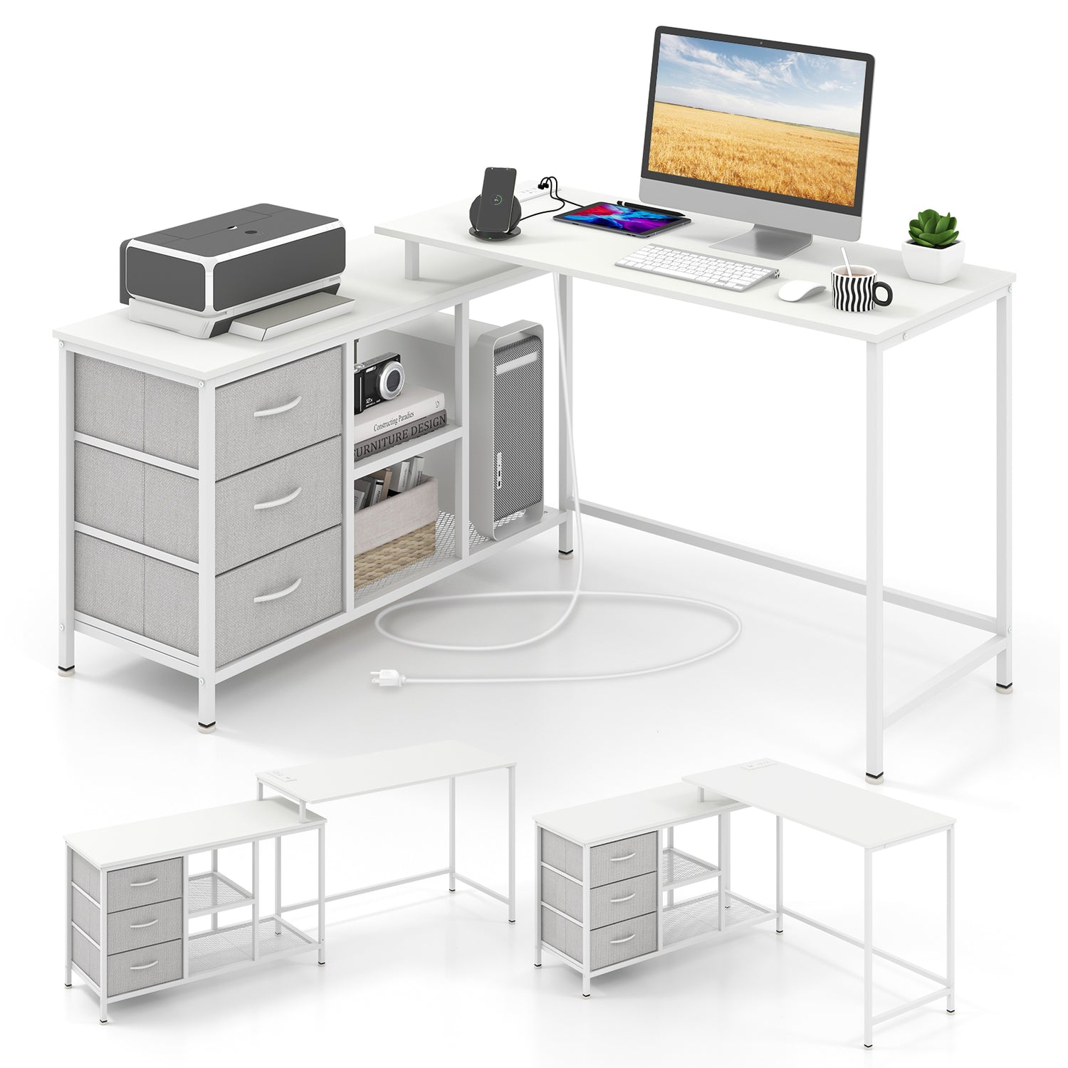 L-shaped Computer Desk with Power Outlet for Working Studying Gaming