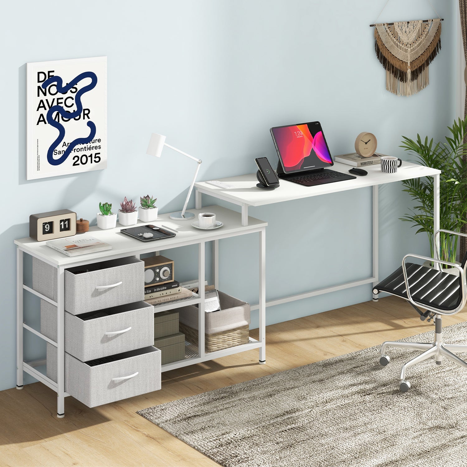 L-shaped Computer Desk with Power Outlet for Working Studying Gaming