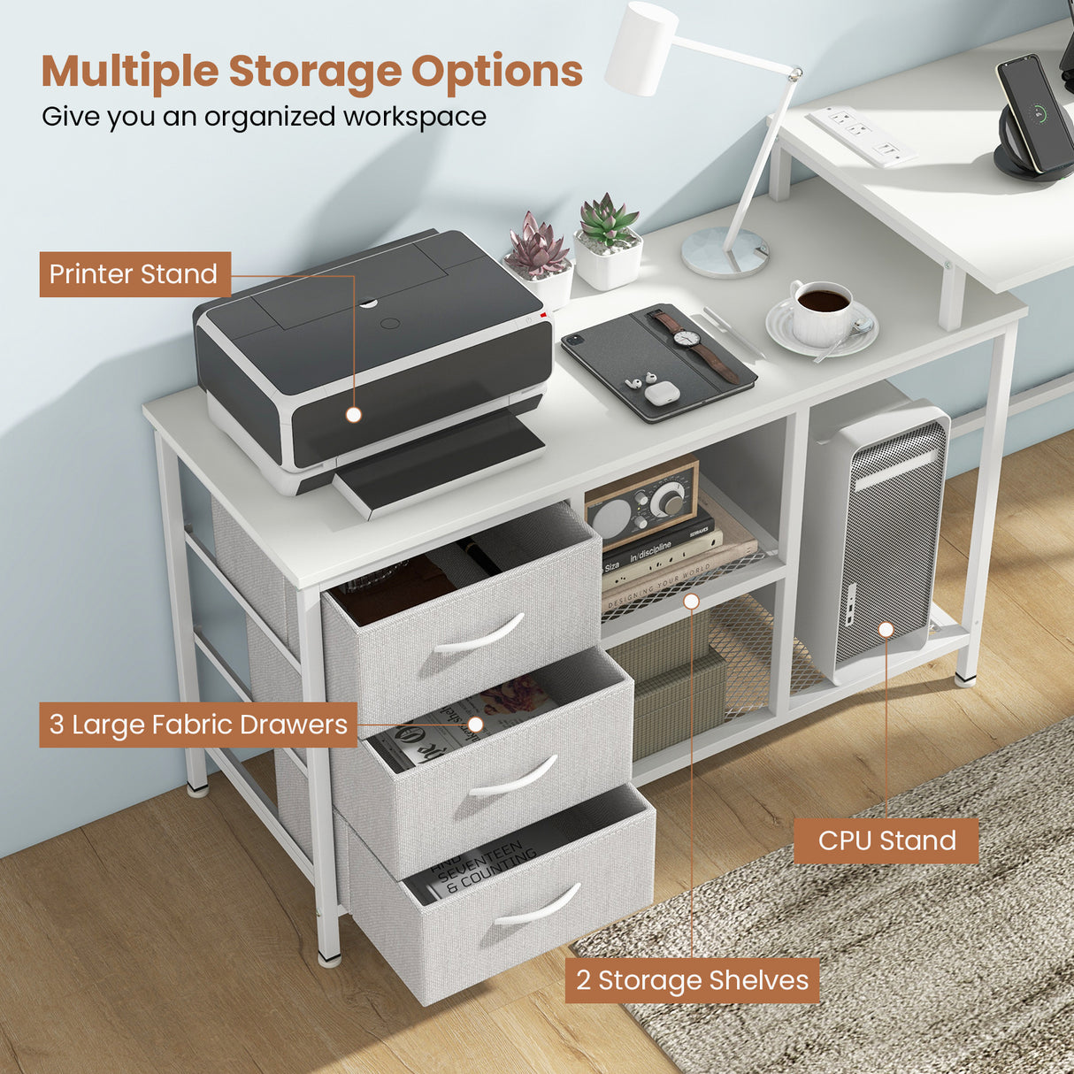 L-shaped Computer Desk with Power Outlet for Working Studying Gaming