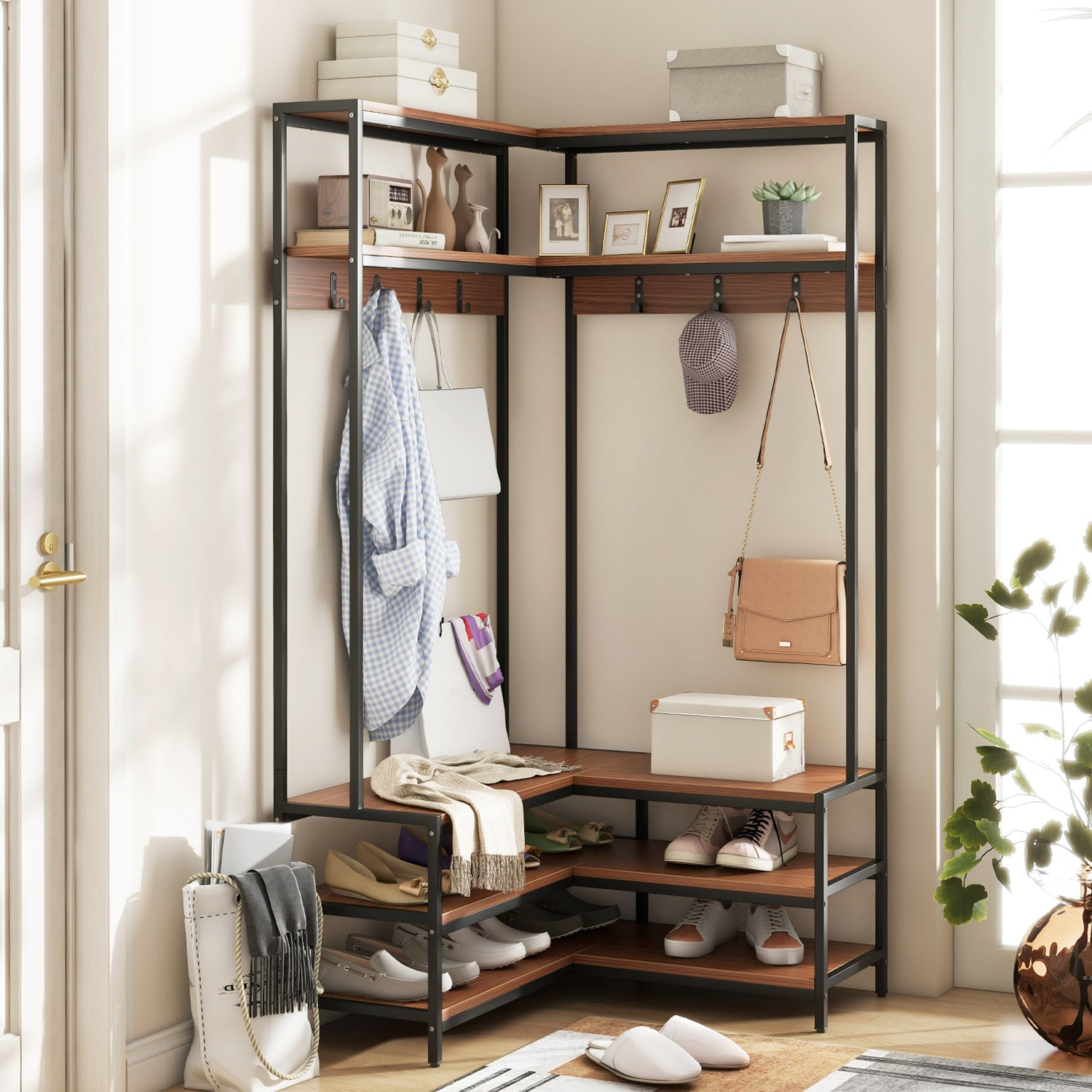 Corner Garment Rack with Open Shelves and 7 Hooks Shoe Bench