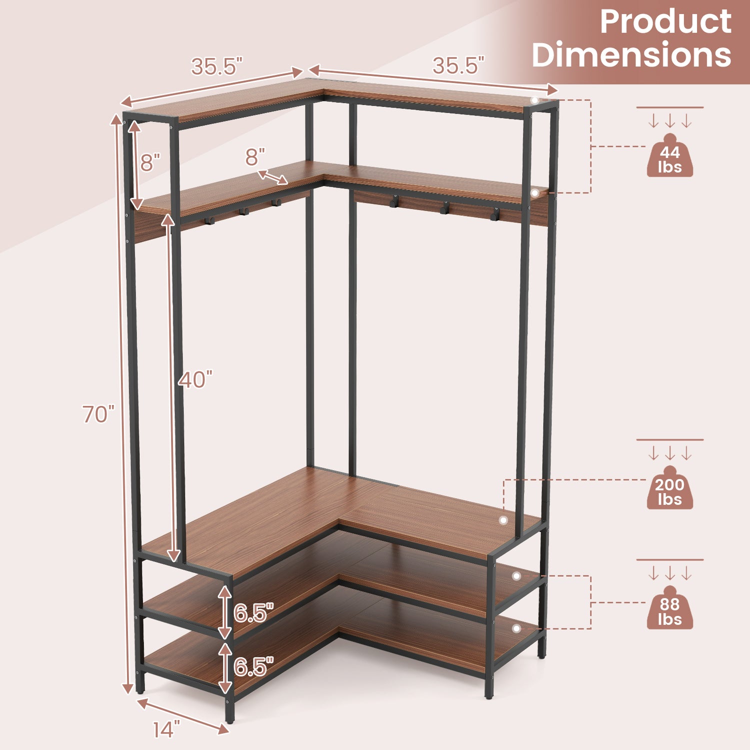 Corner Garment Rack with Open Shelves and 7 Hooks Shoe Bench