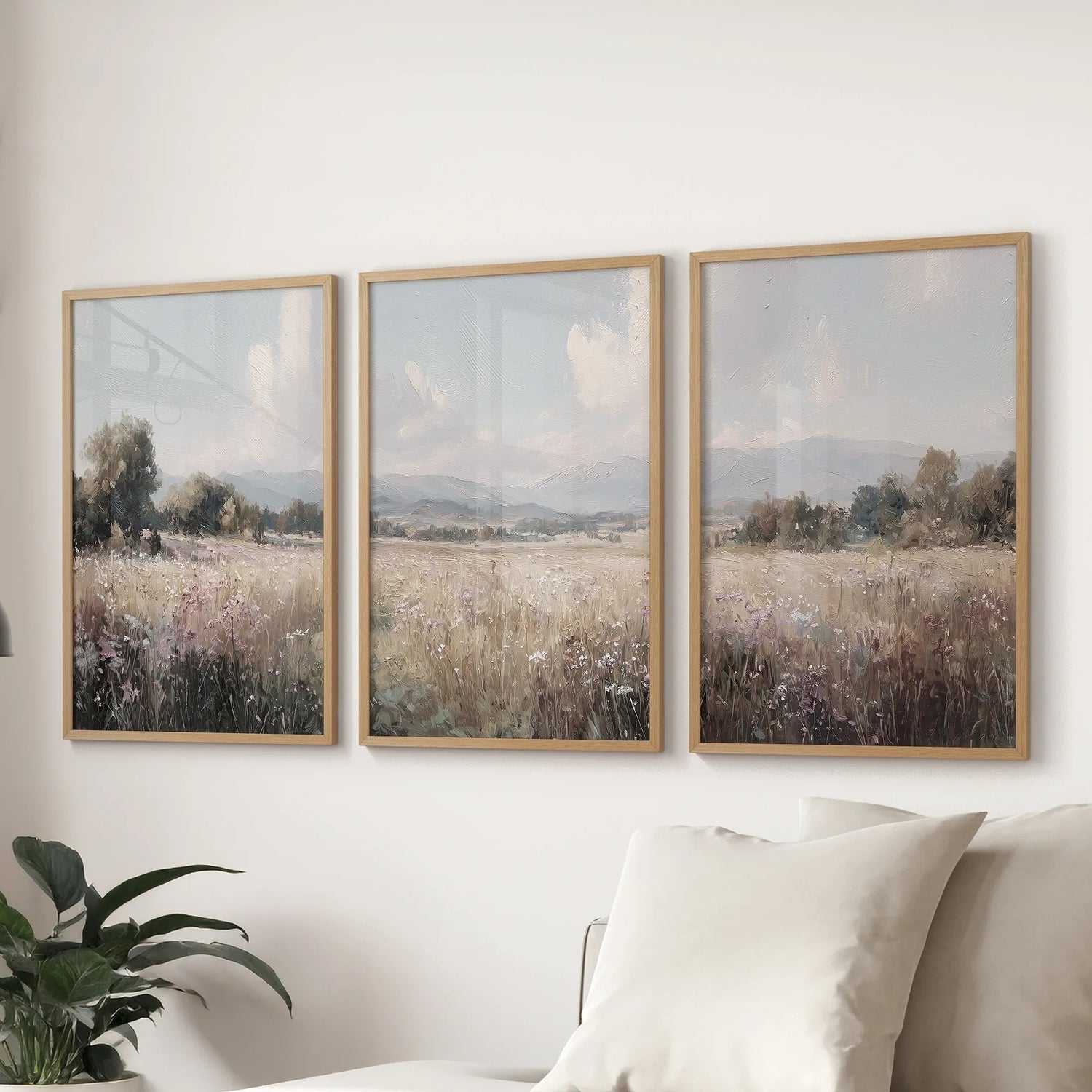 Pastel Meadow Landscape. Set of 3 Wildflower Prints