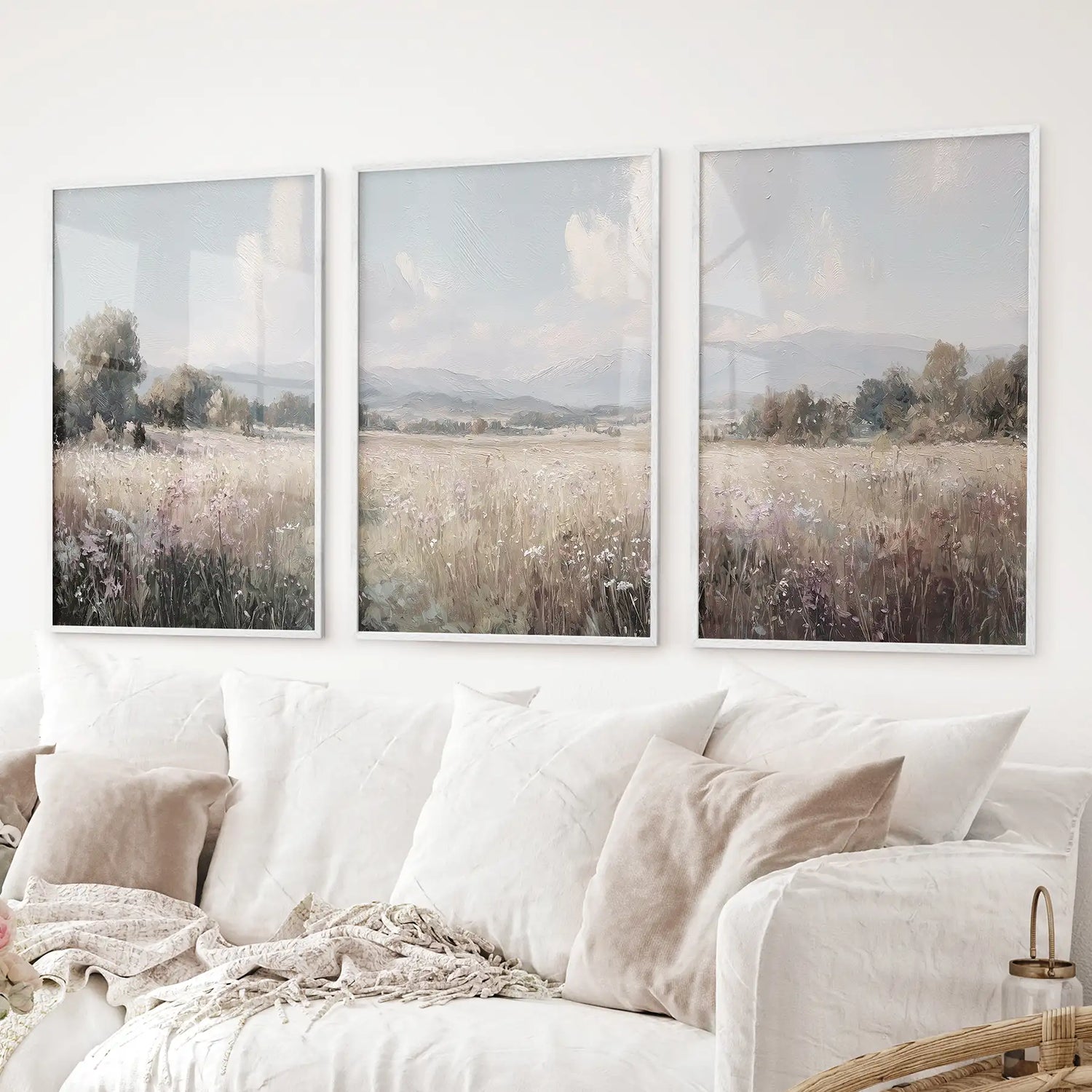 Pastel Meadow Landscape. Set of 3 Wildflower Prints