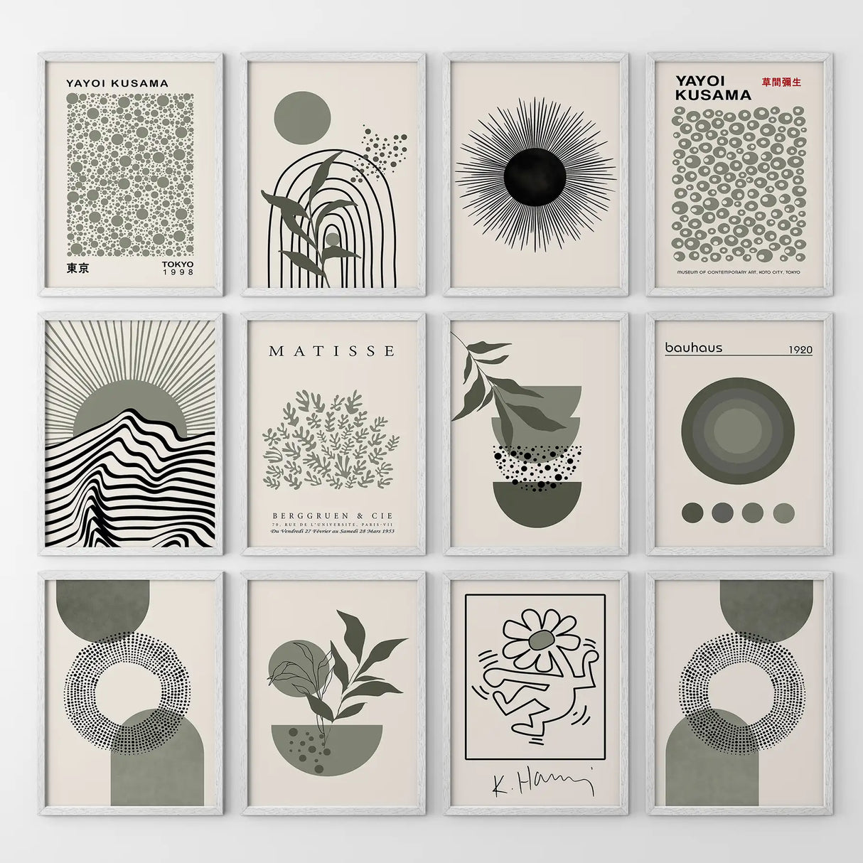 Set of 12 Sage Green Art. Abstract Matisse, Bauhaus MCM Prints