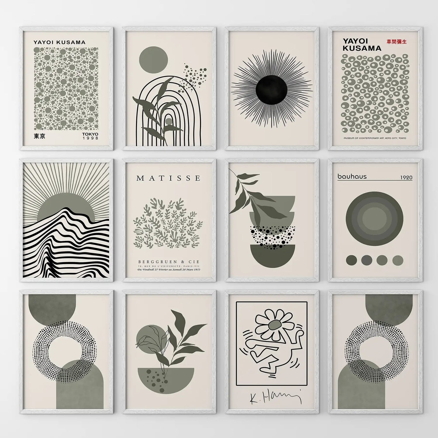 Set of 12 Sage Green Art. Abstract Matisse, Bauhaus MCM Prints