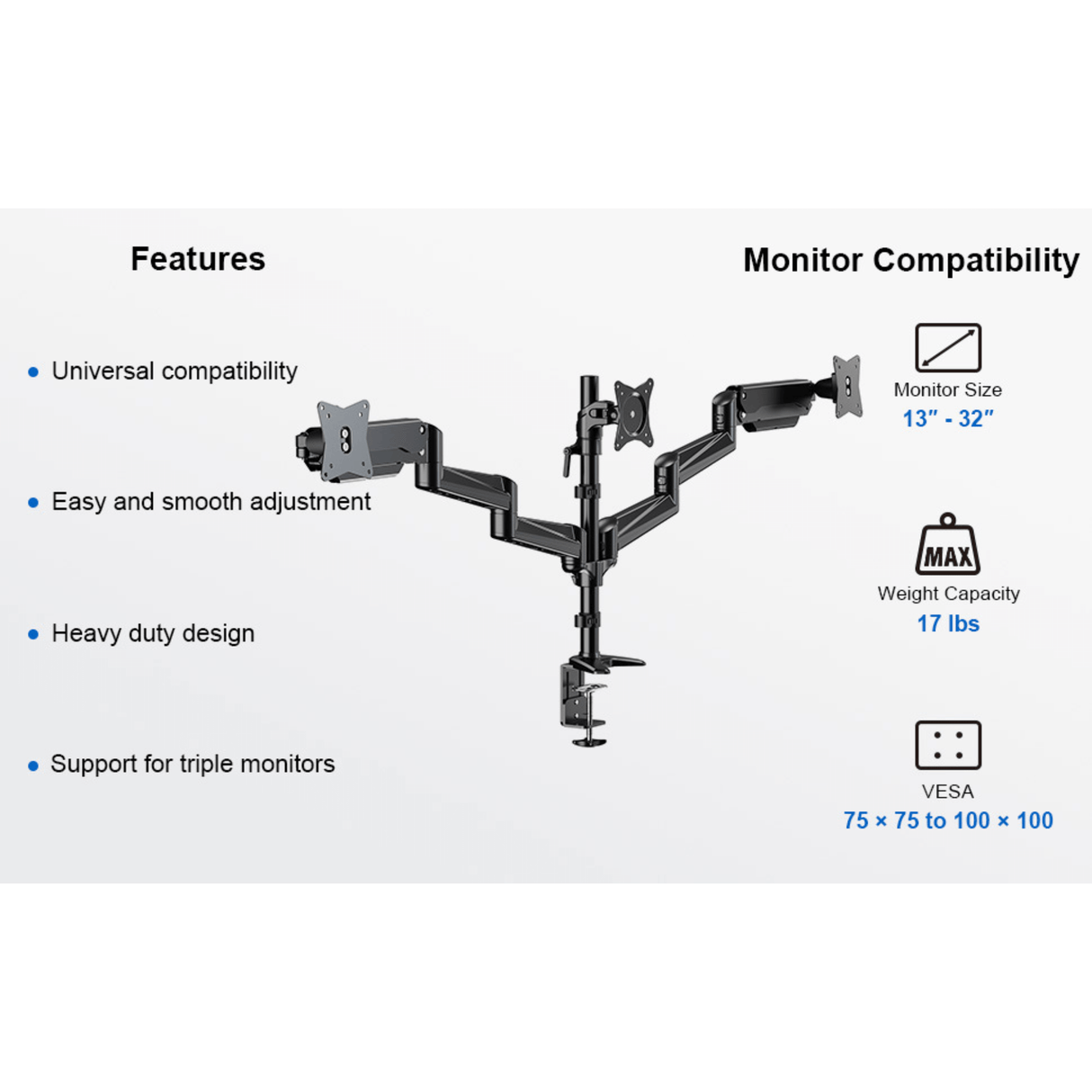 ErgoAV Gas Spring Desk Mount for Triple Monitors 13" to 32"