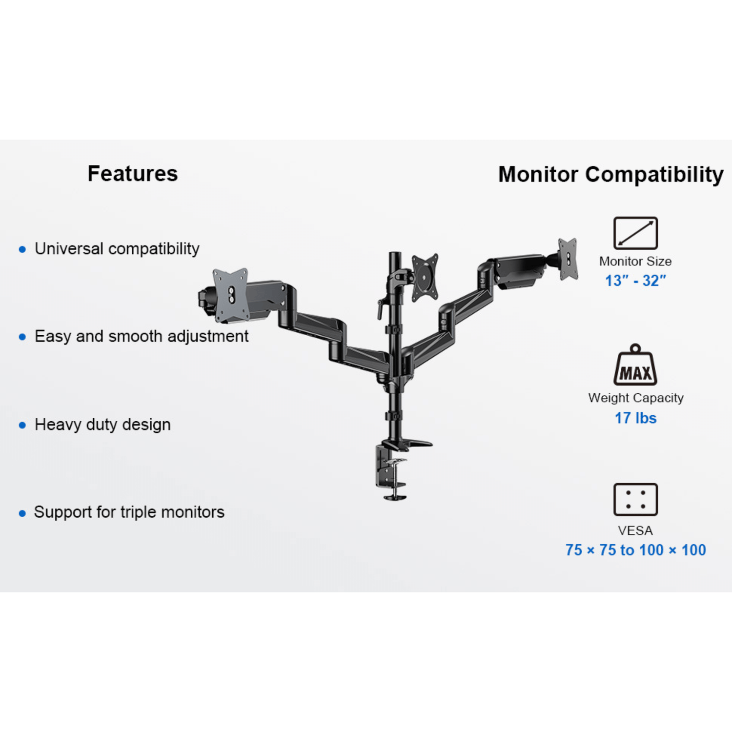 ErgoAV Gas Spring Desk Mount for Triple Monitors 13" to 32"