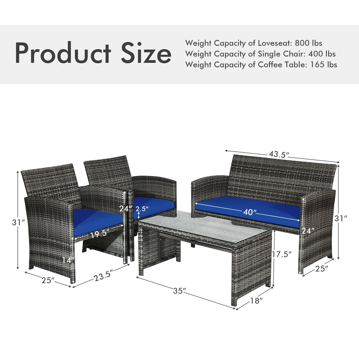 4 Pcs Patio Rattan Furniture Set Top Sofa With Glass Table