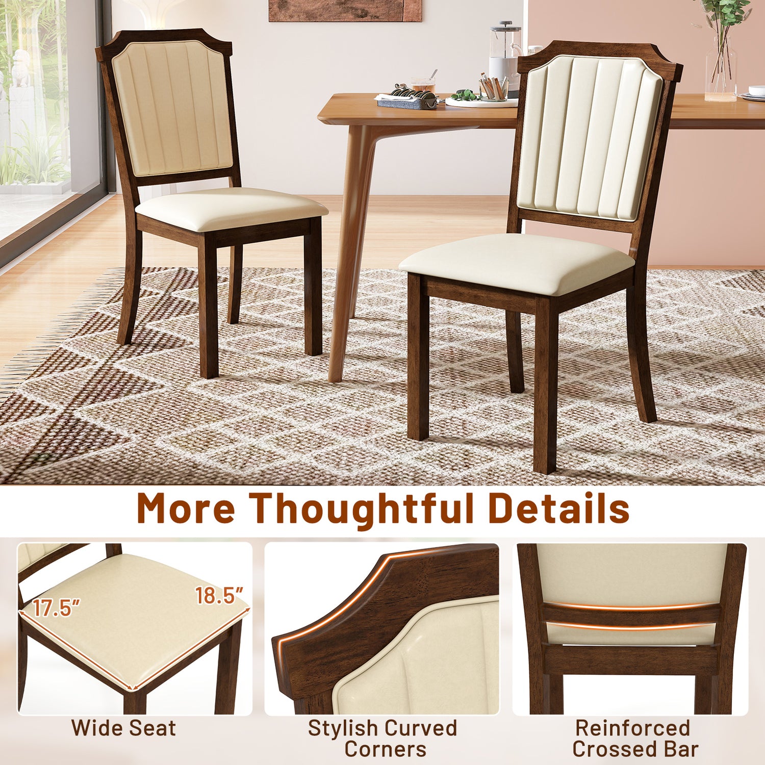 Dining Chair Set of 2 with PU Leather and Rubber Wood Frame-Brown
