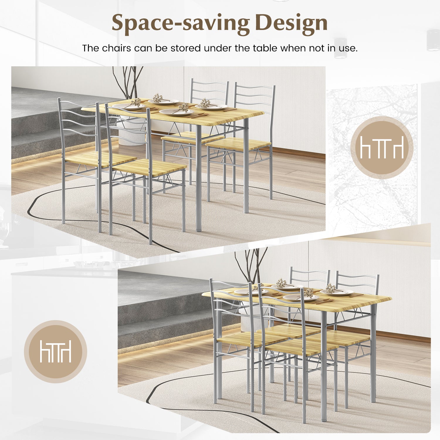 5 Pieces Wood Metal Dining Table Set with 4 Chairs