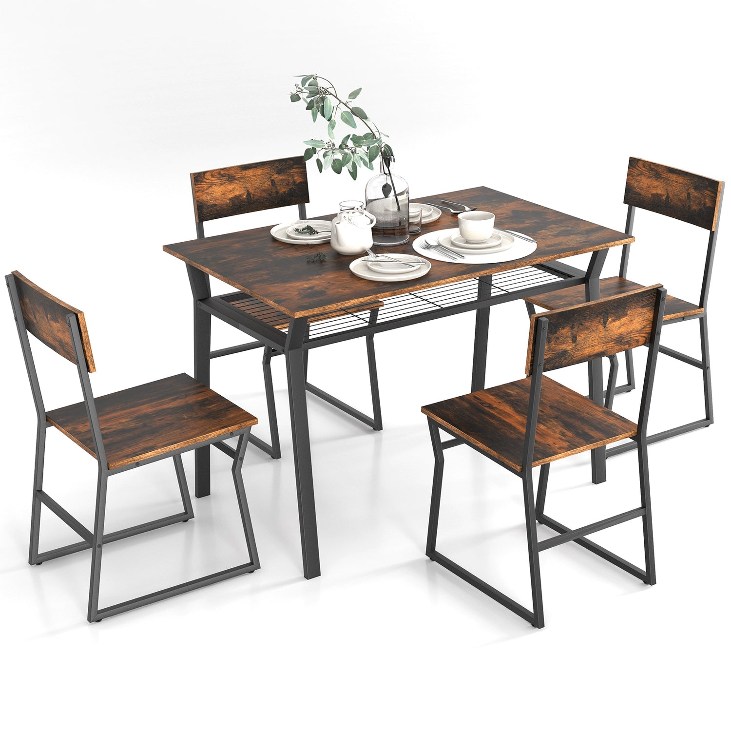 5 Piece Dining Table Set with Storage Rack and Metal Frame