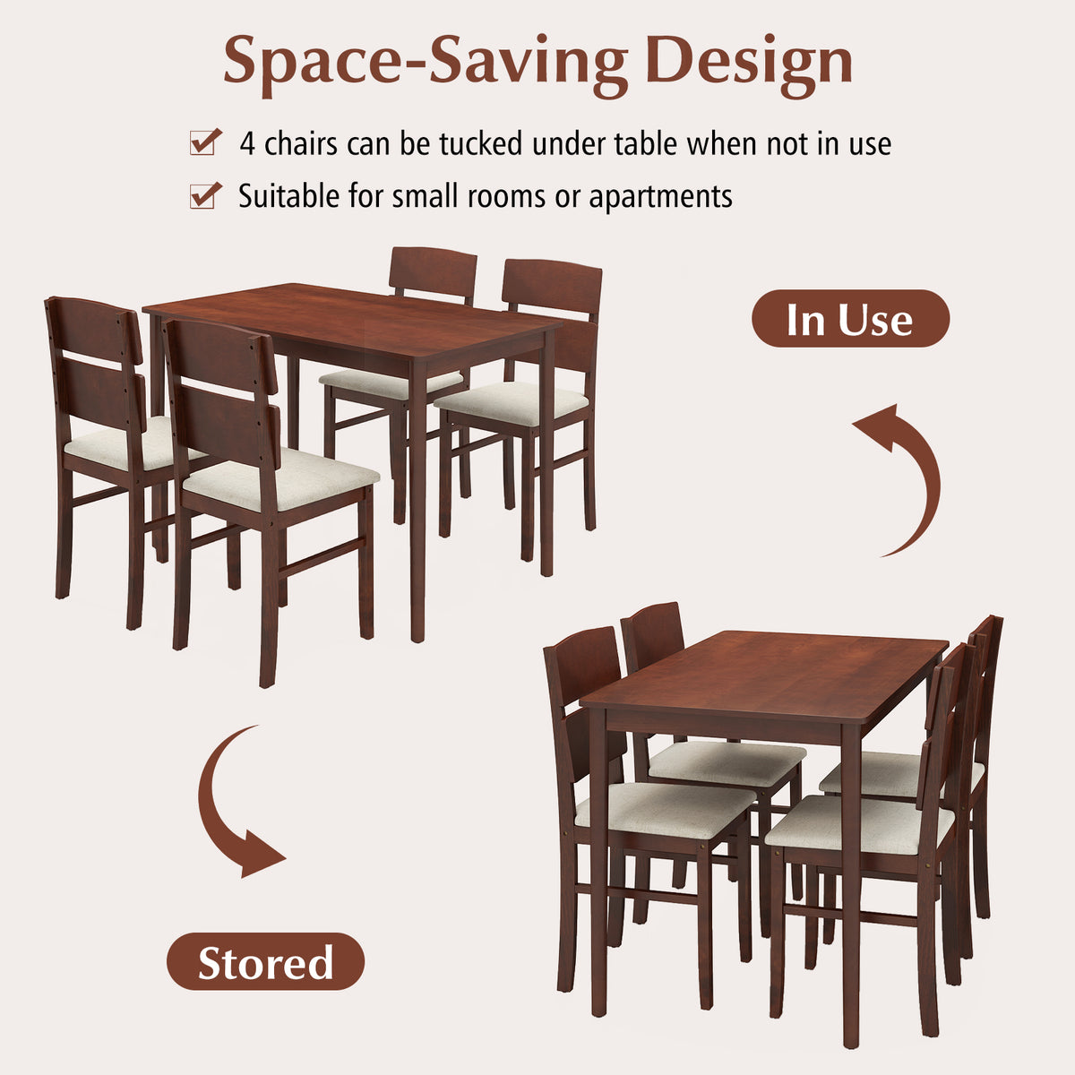 5-Piece Dining Table Set with High Curved Back for 4 People
