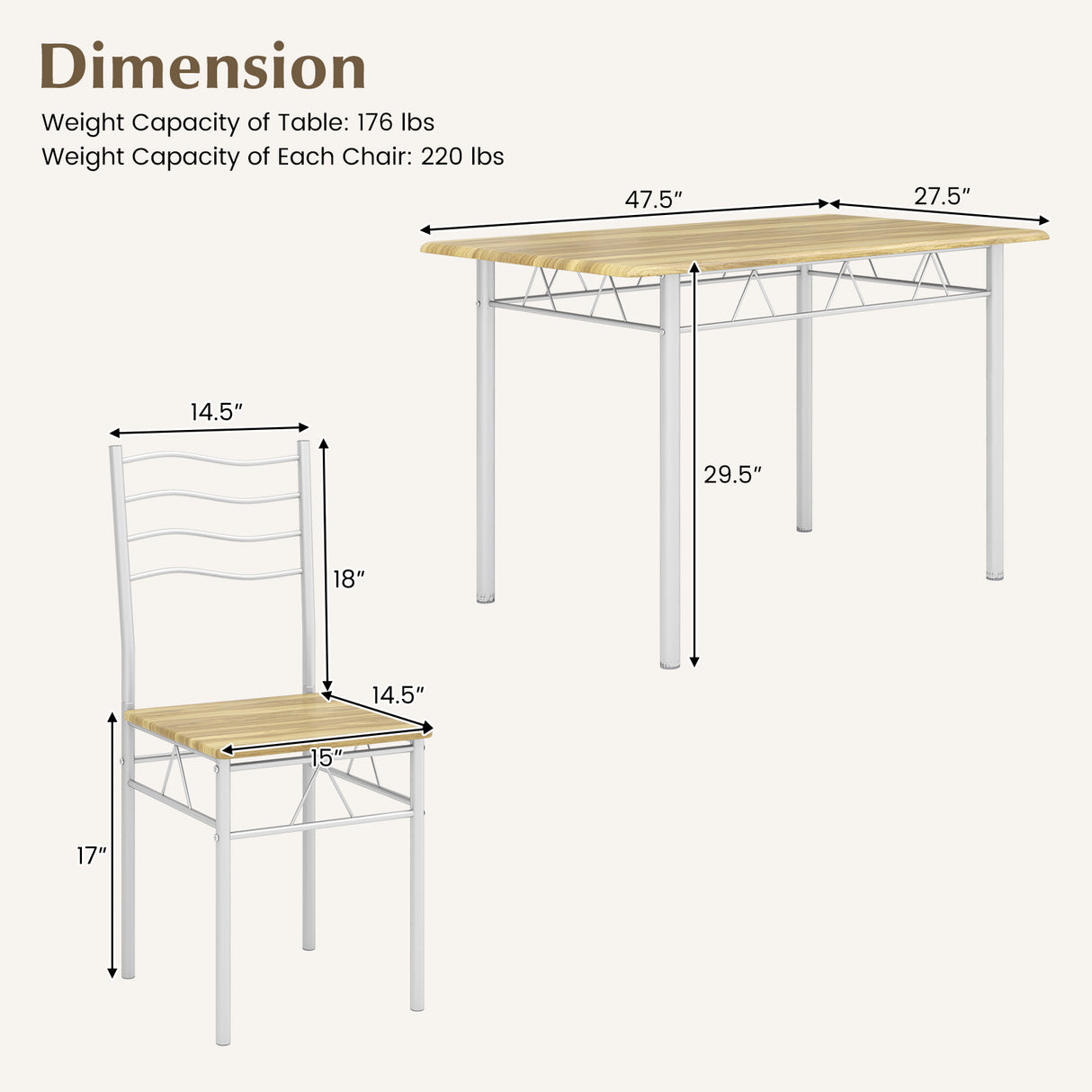 5 Pieces Wood Metal Dining Table Set with 4 Chairs