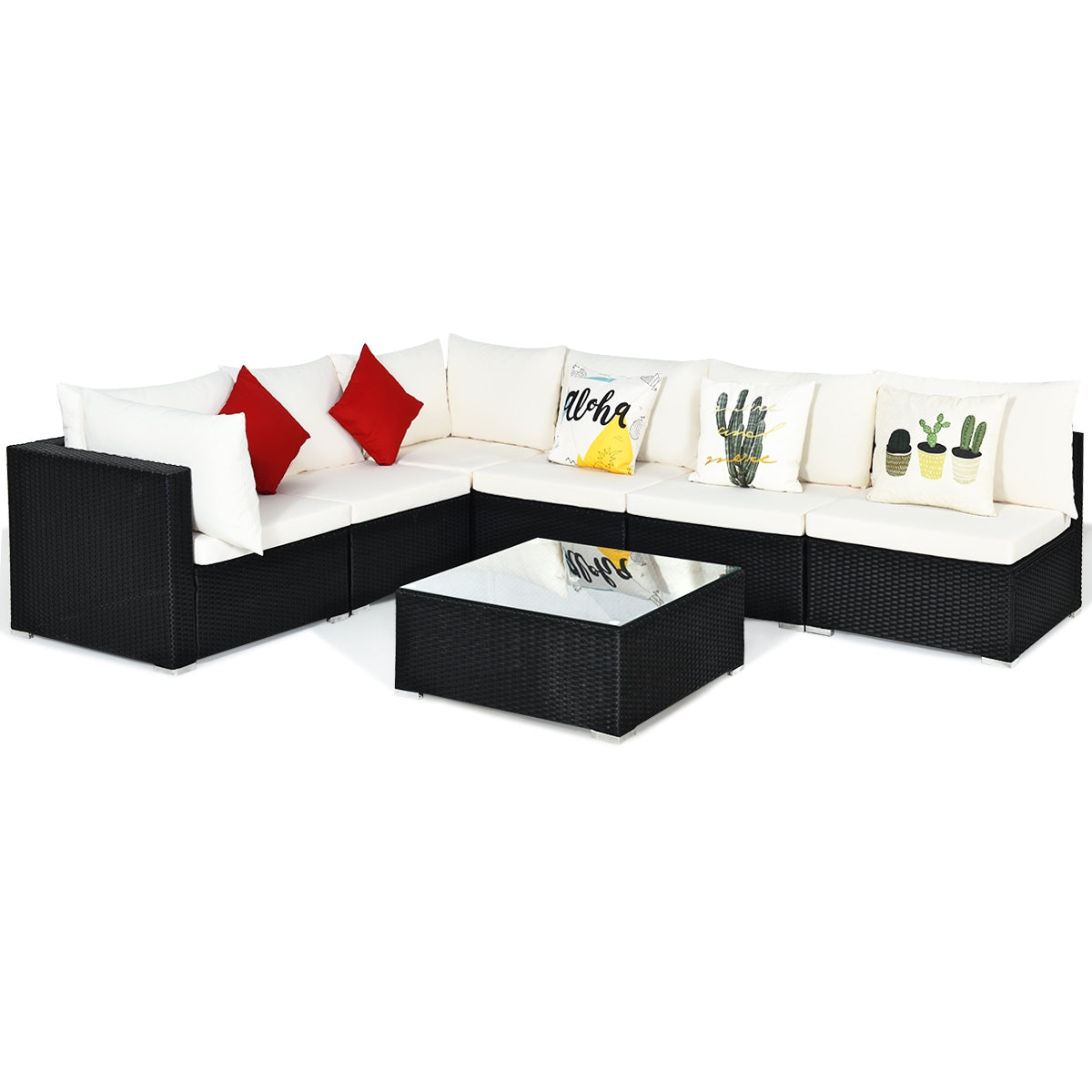 7-Piece Outdoor Sectional Wicker Patio Sofa Set with Tempered Glass Top