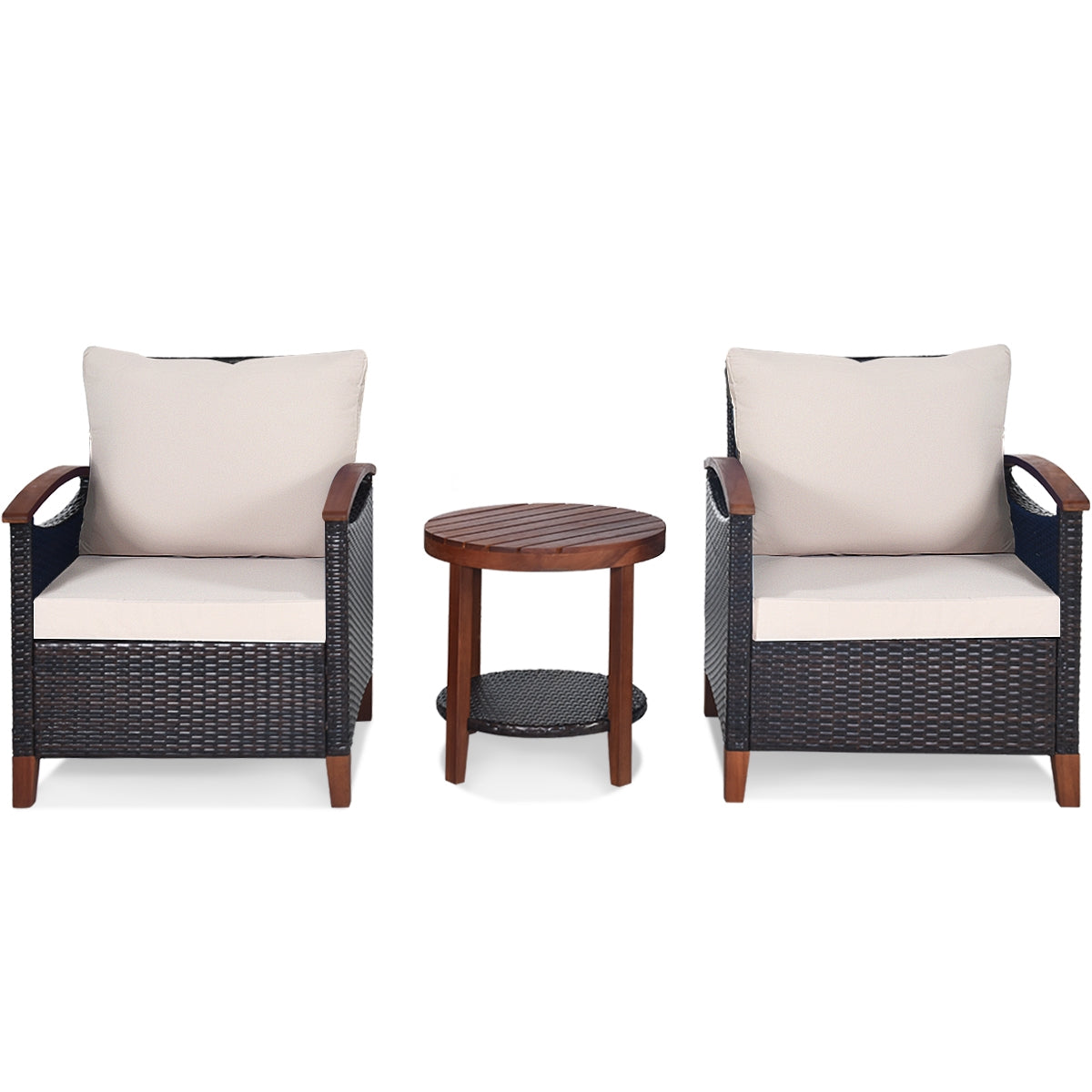 3 Pieces Patio Rattan Furniture Set with Washable Cushion and Acacia Wood Tabletop