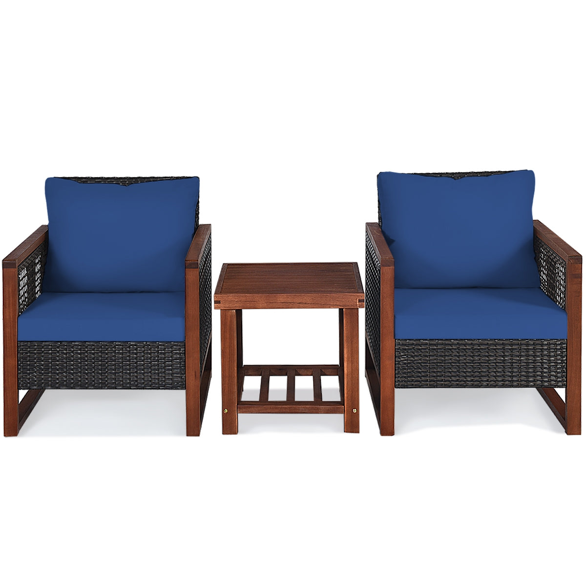 3 Pieces Patio Wicker Furniture Set with Washable Cushion and Acacia Wood Coffee Table