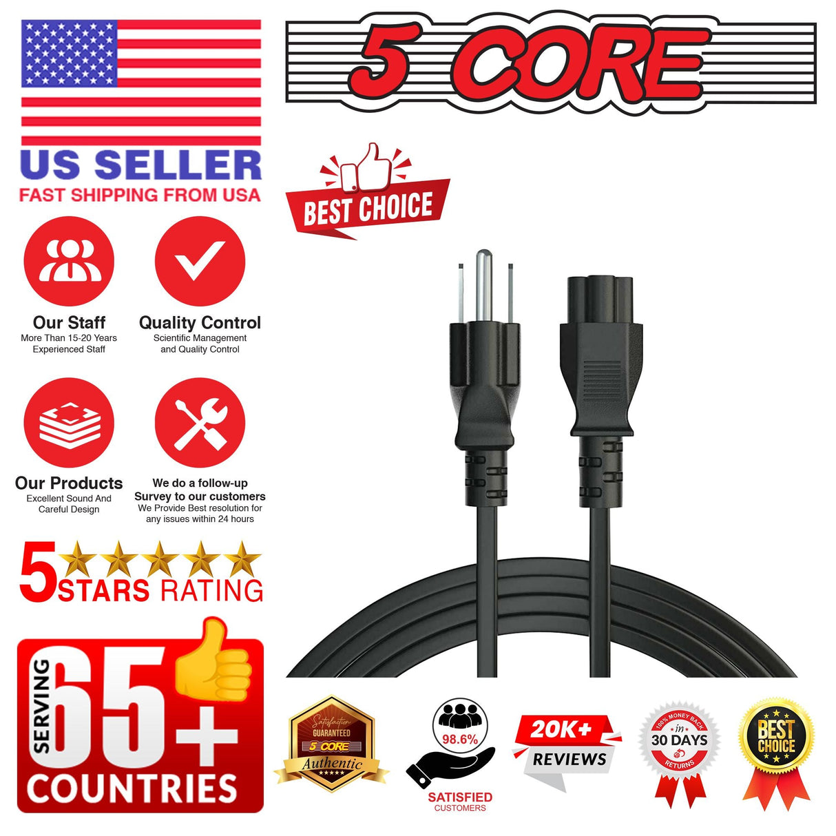 12ft 3 Prong Non-Polarized AC Wall Power Cable Cord for HP Dell Samsung Sony Asus Acer Toshiba Laptop Charger LED LCD Monitor Replacement Power Cord PL 1002