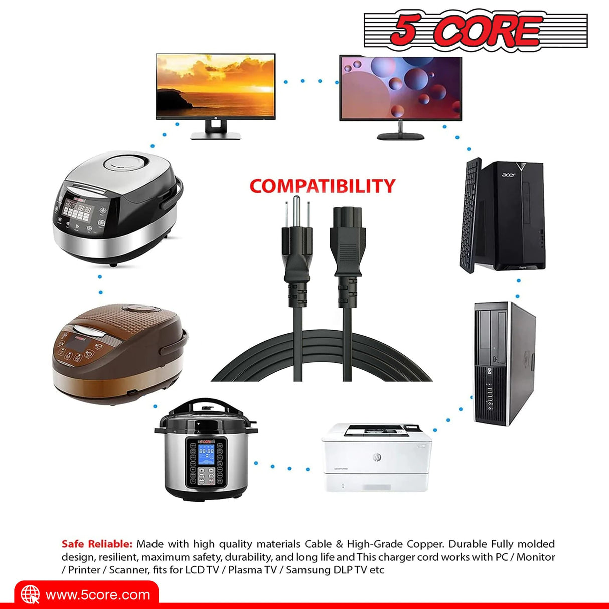 12ft 3 Prong Non-Polarized AC Wall Power Cable Cord for HP Dell Samsung Sony Asus Acer Toshiba Laptop Charger LED LCD Monitor Replacement Power Cord PL 1002