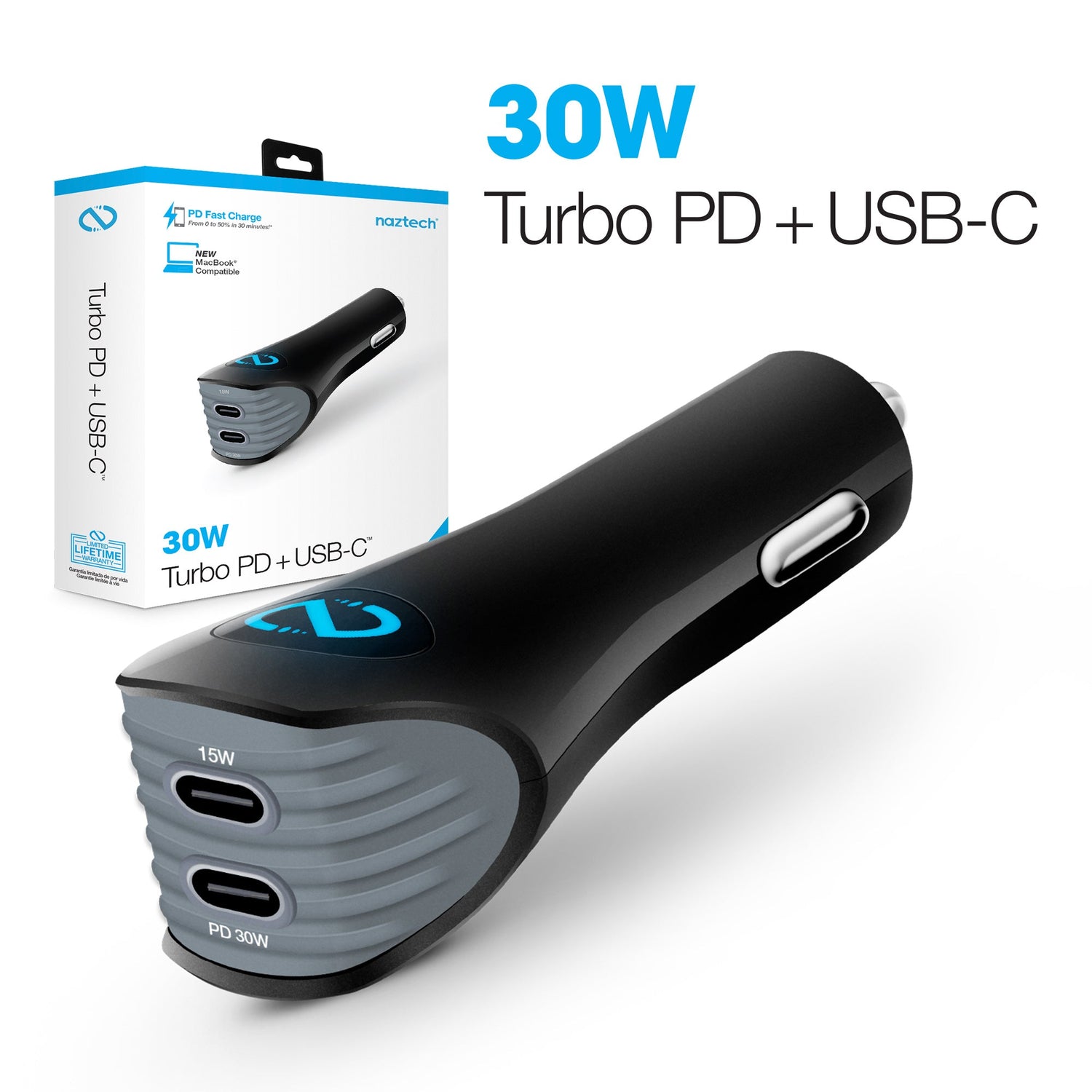 Naztech Turbo 30W USB-C PD + USB-C Car Charger Black (14390-HYP)