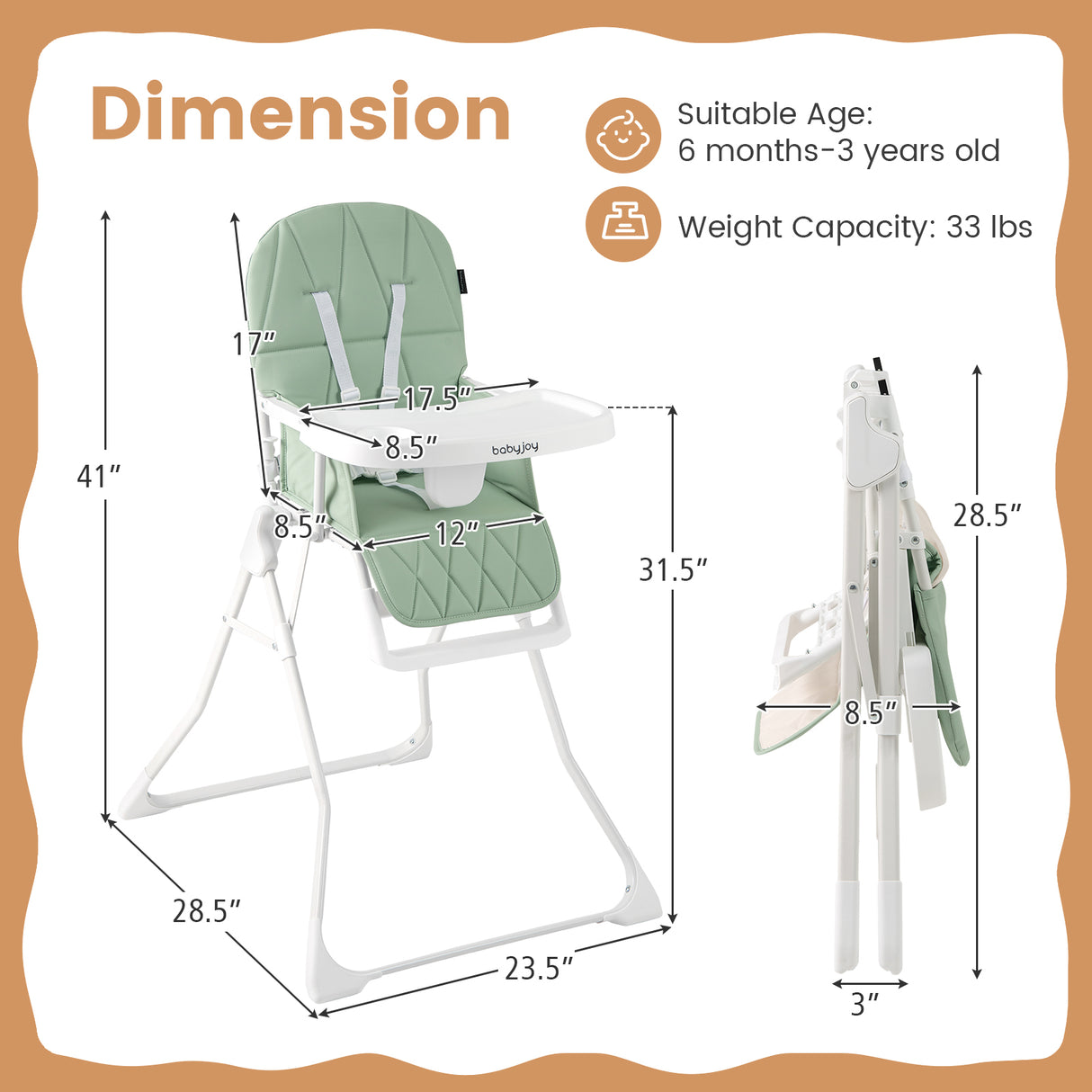 Easy Clean Compact Highchair with Removable Adjustable Tray and PU Seat Cushion