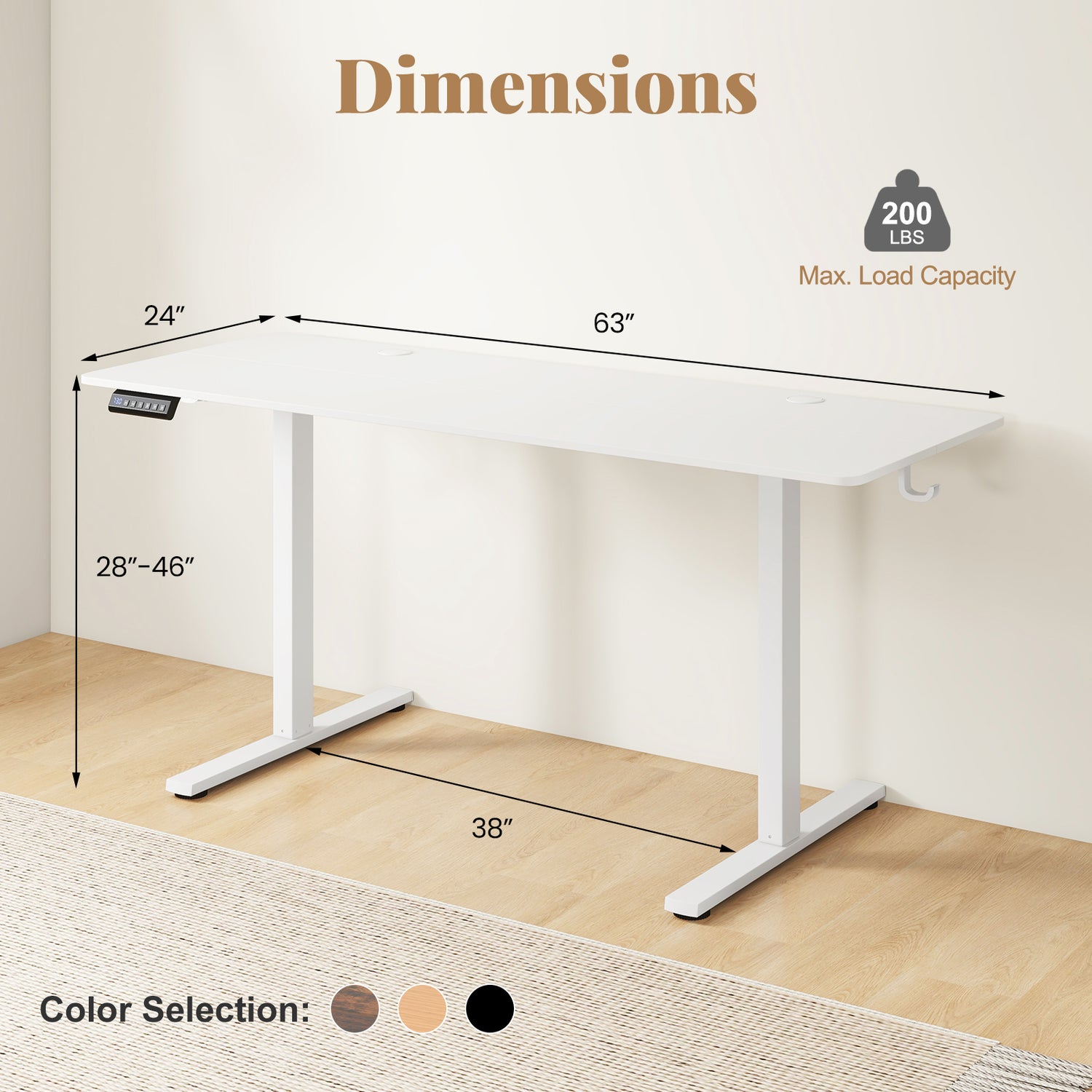 Electric Standing Desk with 3 Memory Heights and 2 Hanging Hooks and Cable Holes