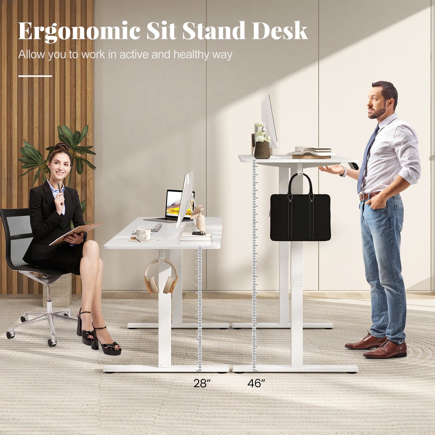 Electric Standing Desk with 3 Memory Heights and 2 Hanging Hooks and Cable Holes