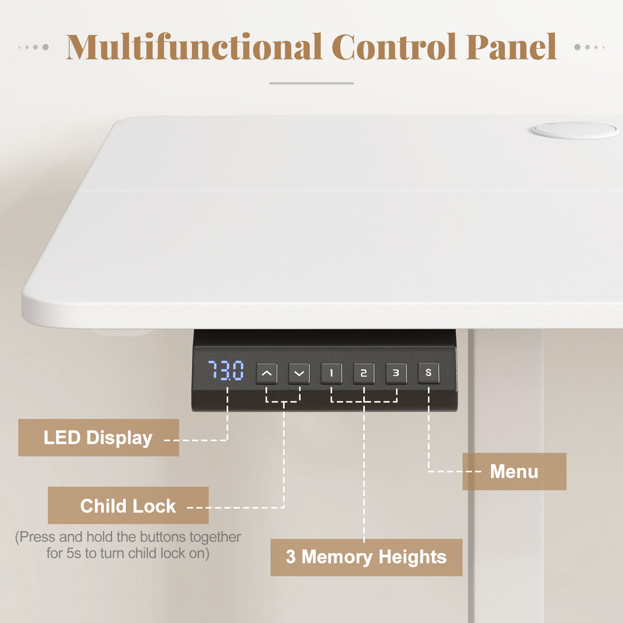 Electric Standing Desk with 3 Memory Heights and 2 Hanging Hooks and Cable Holes