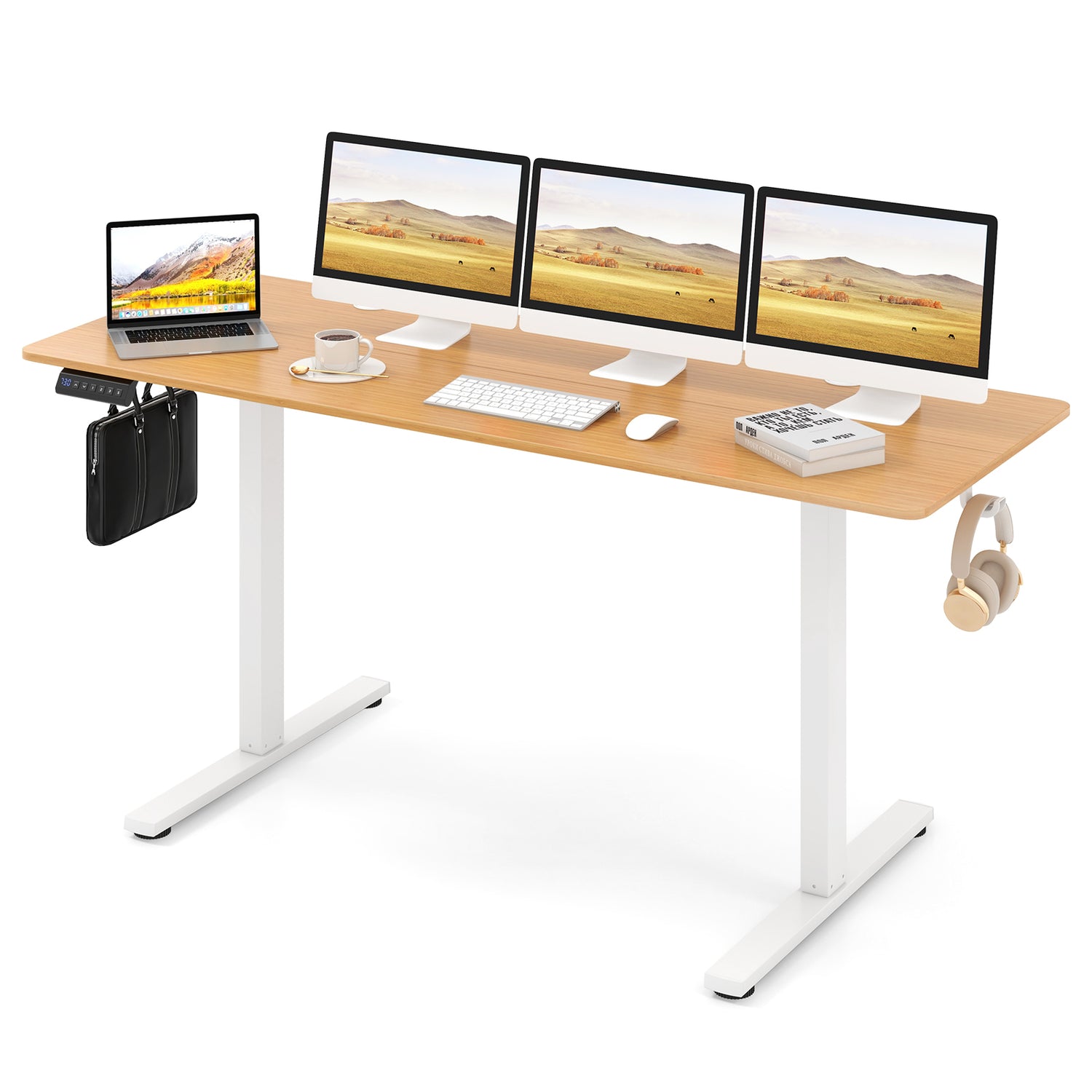 Electric Standing Desk with 3 Memory Heights and 2 Hanging Hooks and Cable Holes