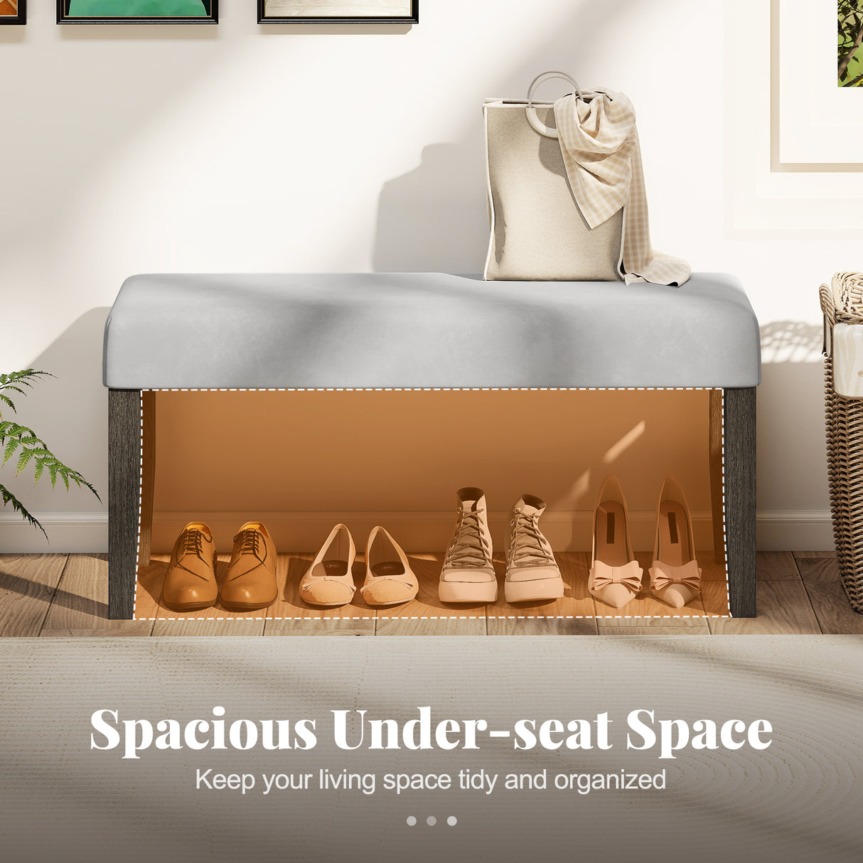 End of Bed Bench with Padded Seat and Solid Wood Legs-Gray