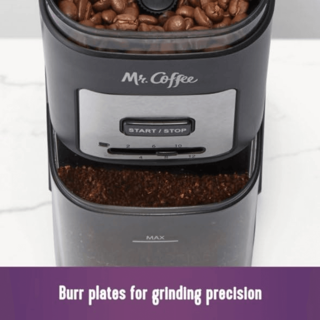 Mr. Coffee Burr Mill Large-Capacity Automatic Coffee Grinder with 12 Custom Grinders