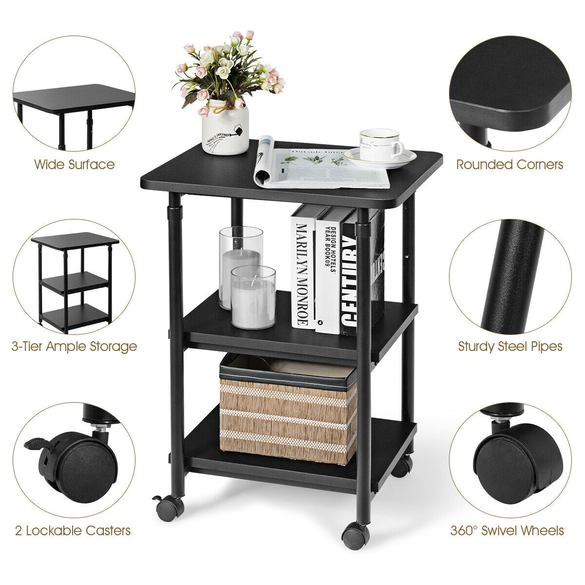 3-tier Adjustable Printer Stand with 360° Swivel Casters