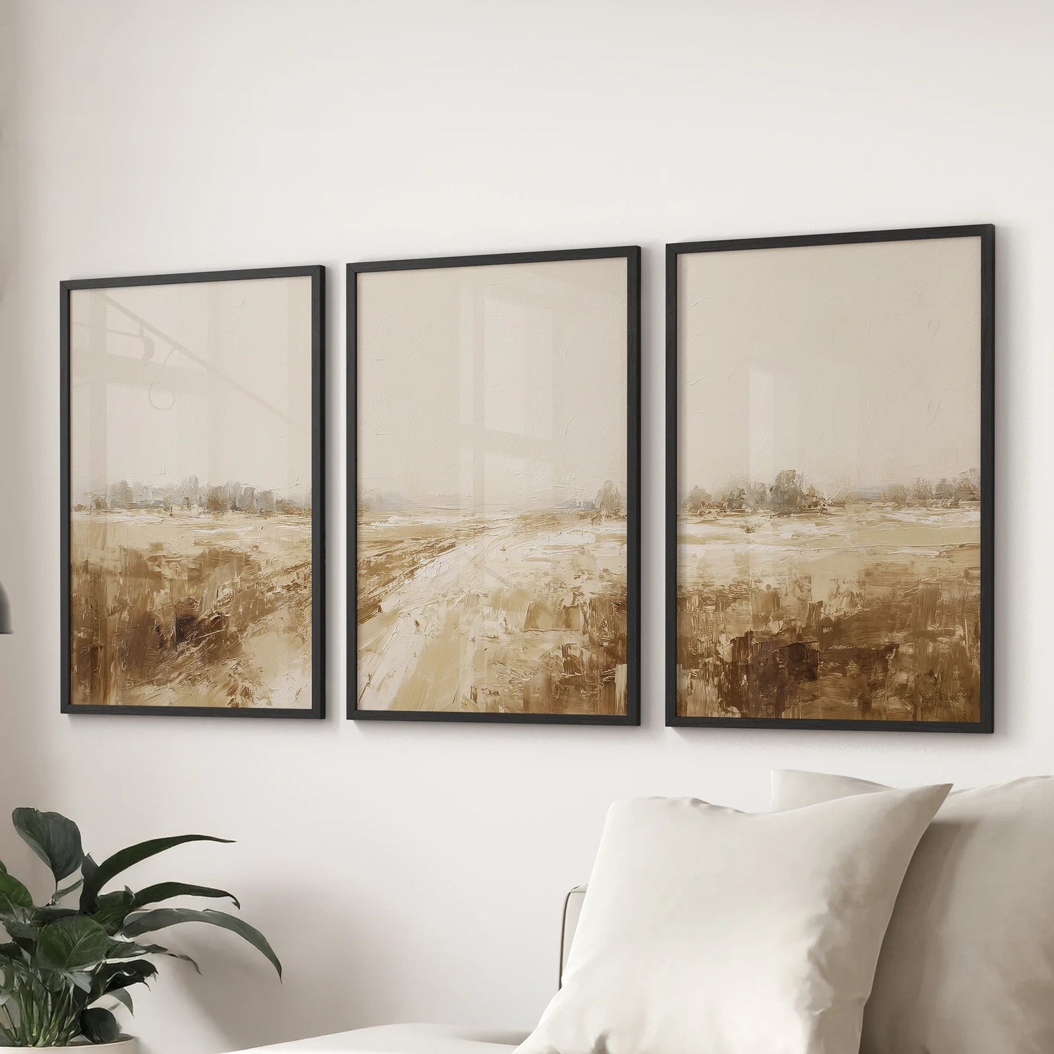 Neutral Abstract Landscape Art. Beige Farmhouse Triptych
