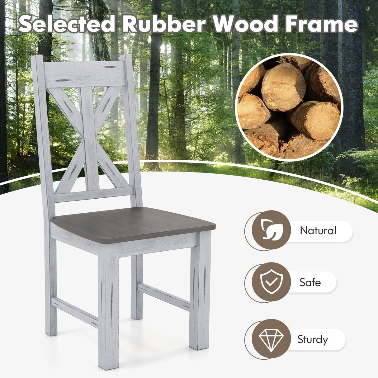 Farmhouse Chair Set of 2 with Rubber Wood Frame and Elegant Hollowed Backrest-Gray