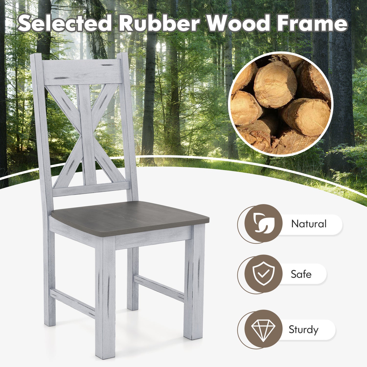 Farmhouse Chair Set of 2 with Rubber Wood Frame and Elegant Hollowed Backrest-Gray