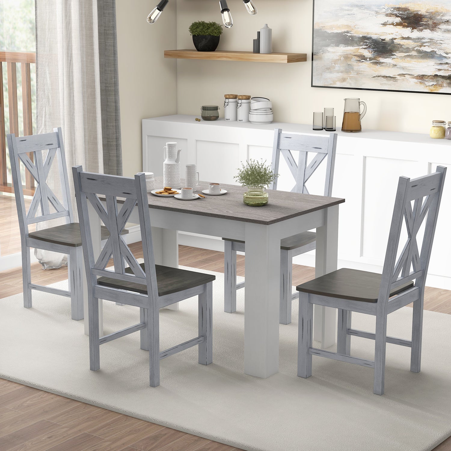 Farmhouse Chair Set of 2 with Rubber Wood Frame and Elegant Hollowed Backrest-Gray